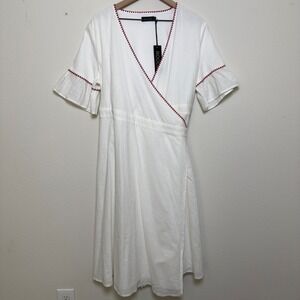 NEW Roolee Women Wrap Dress 2XL White Cottage Red‎ Ruffle Embroidered Midi